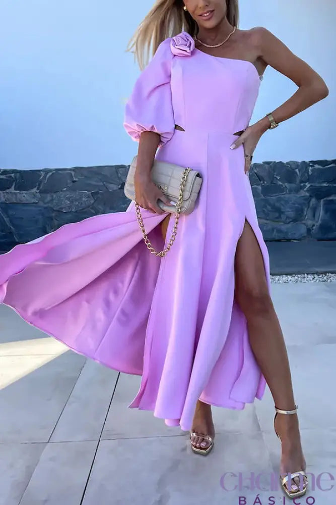 Vestido Midi de Um Ombro Só Rosa Mariana