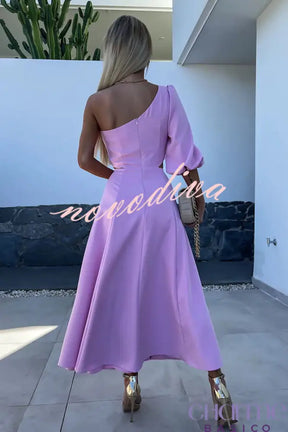 Vestido Midi de Um Ombro Só Rosa Mariana