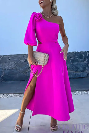 Vestido Midi de Um Ombro Só Rosa Mariana