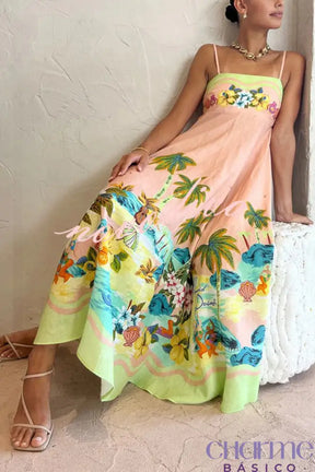 Vestido Midi Estampado Tropical Isabela