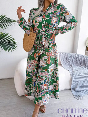 Women Casual Floral Print Collar Long Sleeve Maxi Shirt Dress