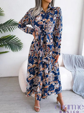 Women Casual Floral Print Collar Long Sleeve Maxi Shirt Dress