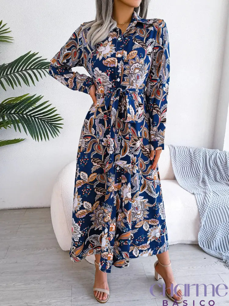 Women Casual Floral Print Collar Long Sleeve Maxi Shirt Dress