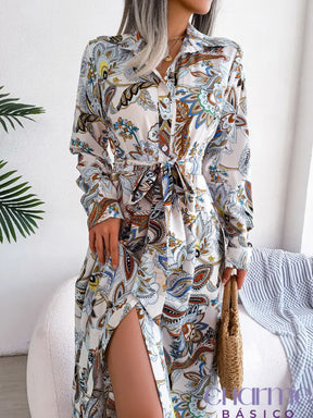 Women Casual Floral Print Collar Long Sleeve Maxi Shirt Dress