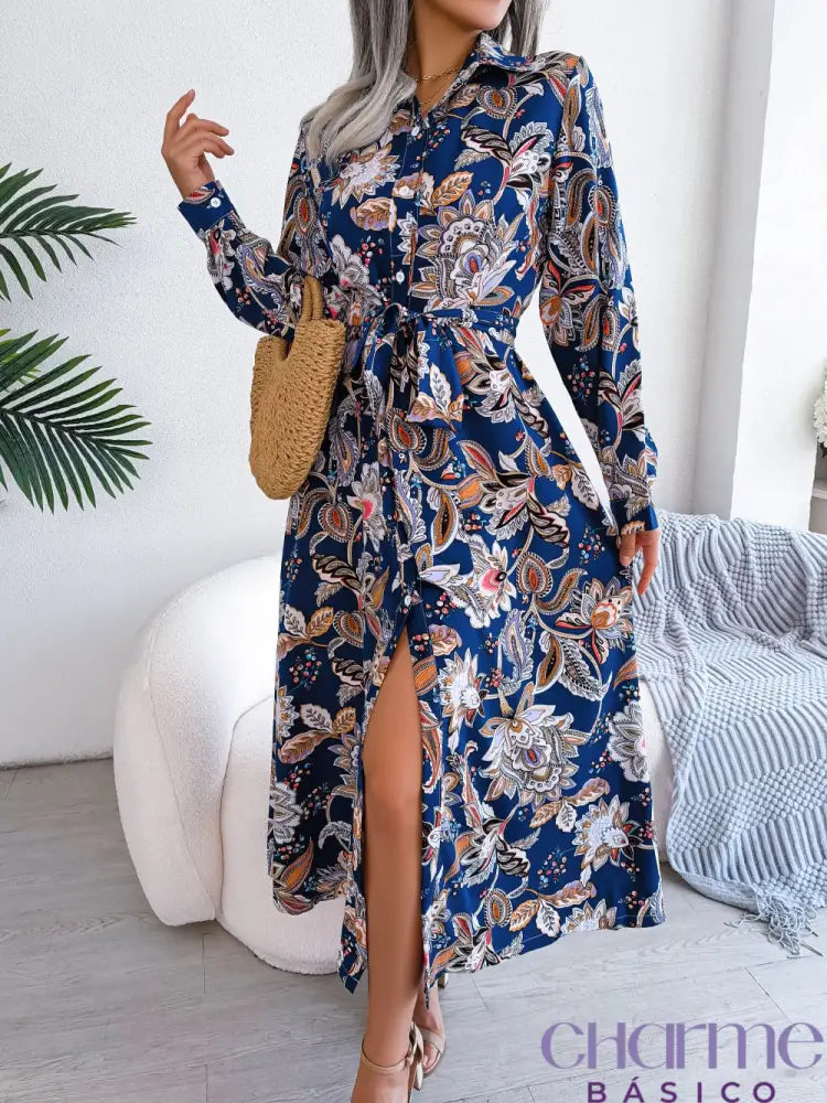 Women Casual Floral Print Collar Long Sleeve Maxi Shirt Dress