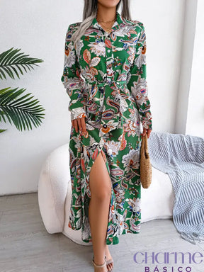 Women Casual Floral Print Collar Long Sleeve Maxi Shirt Dress